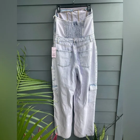 Wild Fable~Lavender Blue Tubed Cargo Denim Jumpsuit with Shirred Back~Size M NWT - Picture 5 of 14